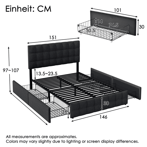 Cama estofada 140x200 - 4 gavetas, cabeceira ajustável, design quadrado, arrumação - Preto