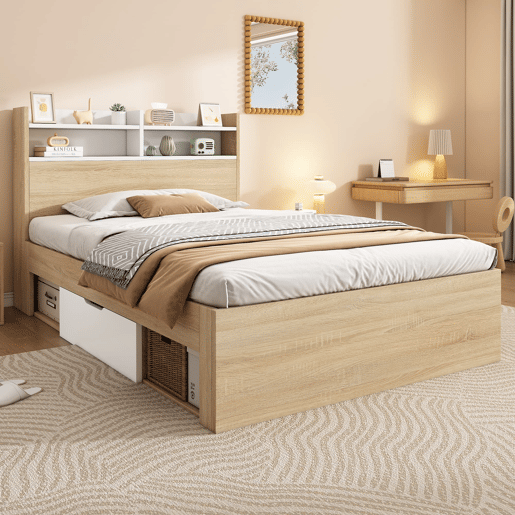 Cama individual 90x200 - 2 gavetas, prateleiras, cabeceira com arrumação, madeira parcial - BrancoCarvalho