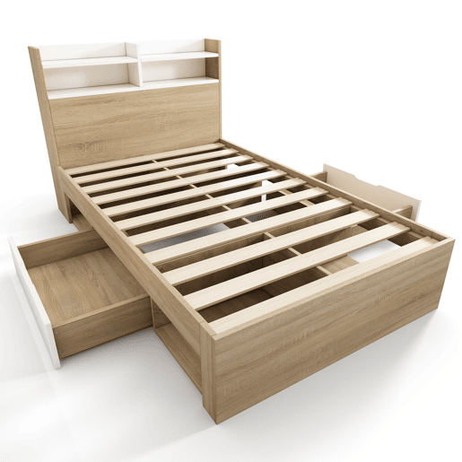 Cama individual 90x200 - 2 gavetas, prateleiras, cabeceira com arrumação, madeira parcial - BrancoCarvalho