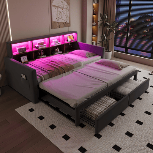 Sofá-cama extensível 90180x190 cm - Cabeceira com arrumação, LED, tomadas, 2 gavetas - Cinza escuro