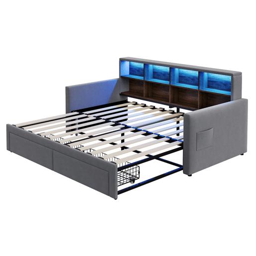 Sofá-cama extensível 90180x190 cm - Cabeceira com arrumação, LED, tomadas, 2 gavetas - Cinza escuro