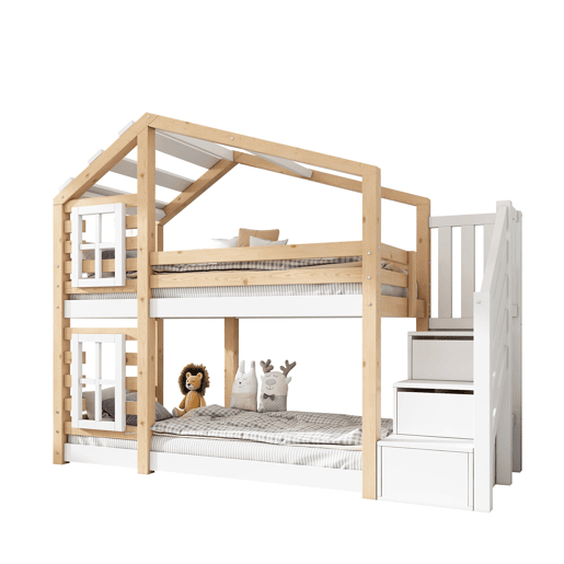 Cama infantil 90x200 cm - Estilo casinha, com arrumação e grade de segurança - Natural e branco