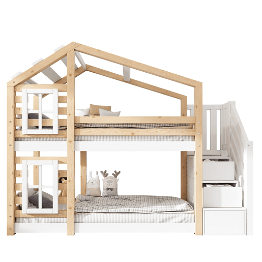 Cama infantil 90x200 cm - Estilo casinha, com arrumação e grade de segurança - Natural e branco