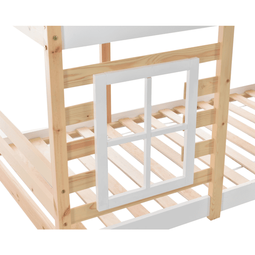 Cama infantil 90x200 cm - Estilo casinha, com arrumação e grade de segurança - Natural e branco