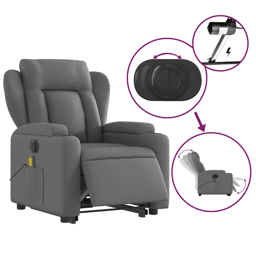 Poltrona elétrica elevatória massagens - Poltrona relax tecido cinzento-escuro