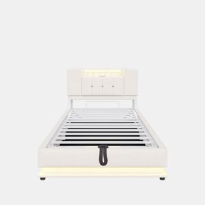 Cama juvenil 90x200 cm - com iluminação LED, porta USB, armazenamento hidráulico, estofamento de veludo, estrutura metálica - Bege