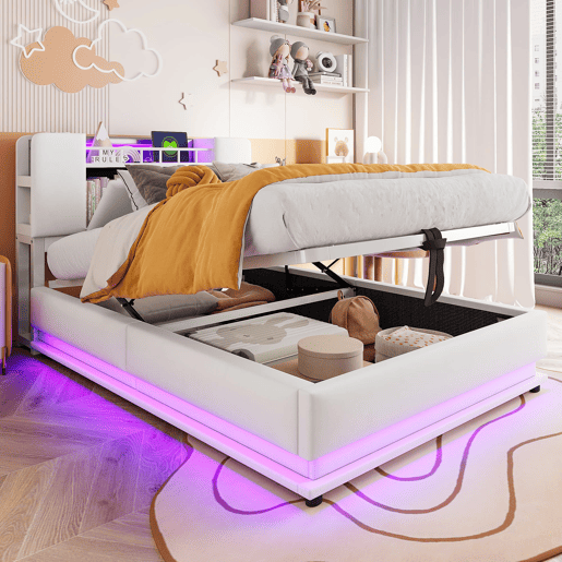Cama juvenil 90x200 cm - com iluminação LED, porta USB, armazenamento hidráulico, estofamento de veludo, estrutura metálica - Bege