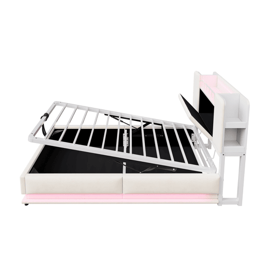 Cama juvenil 90x200 cm - com iluminação LED, porta USB, armazenamento hidráulico, estofamento de veludo, estrutura metálica - Bege