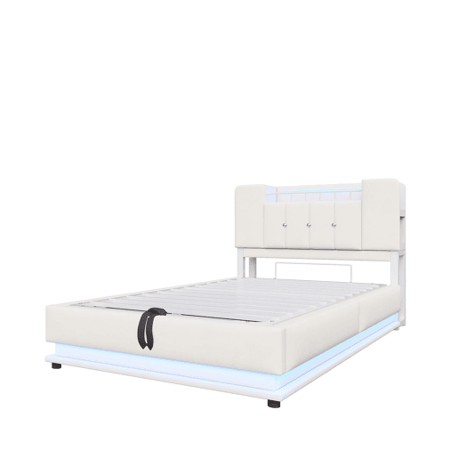 Cama juvenil 90x200 cm - com iluminação LED, porta USB, armazenamento hidráulico, estofamento de veludo, estrutura metálica - Bege