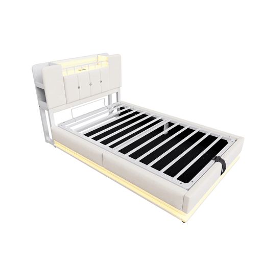Cama juvenil 90x200 cm - com iluminação LED, porta USB, armazenamento hidráulico, estofamento de veludo, estrutura metálica - Bege