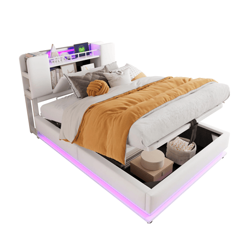 Cama juvenil 90x200 cm - com iluminação LED, porta USB, armazenamento hidráulico, estofamento de veludo, estrutura metálica - Bege
