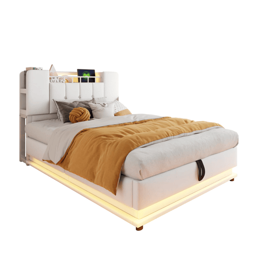 Cama juvenil 90x200 cm - com iluminação LED, porta USB, armazenamento hidráulico, estofamento de veludo, estrutura metálica - Bege
