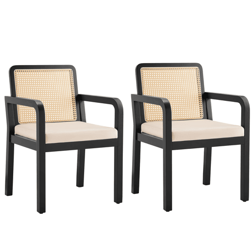 Cadeira de jantar em veludo (2 peças) - Ergonómica, encosto em rattan, pernas em madeira de borracha - Preto