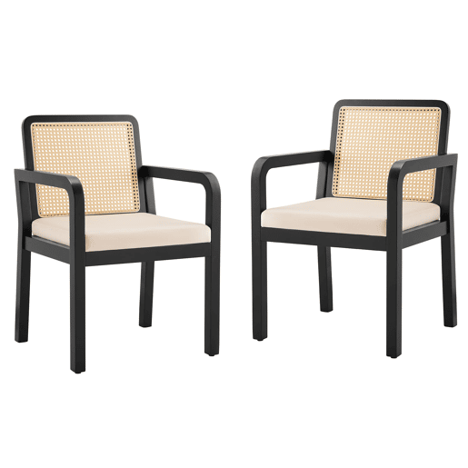 Cadeira de jantar em veludo (2 peças) - Ergonómica, encosto em rattan, pernas em madeira de borracha - Preto