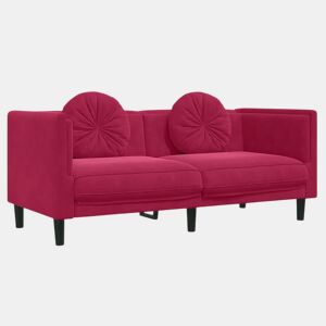 Sofá 2 lugares - Sofá fixo com almofadões veludo vermelho tinto