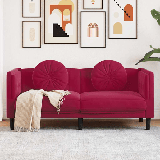 Sofá 2 lugares - Sofá fixo com almofadões veludo vermelho tinto