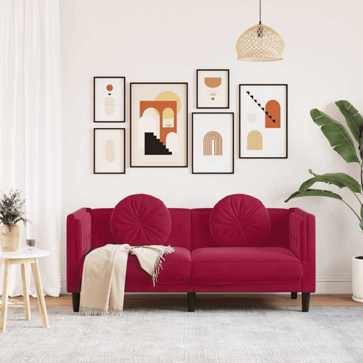 Sofá 2 lugares - Sofá fixo com almofadões veludo vermelho tinto
