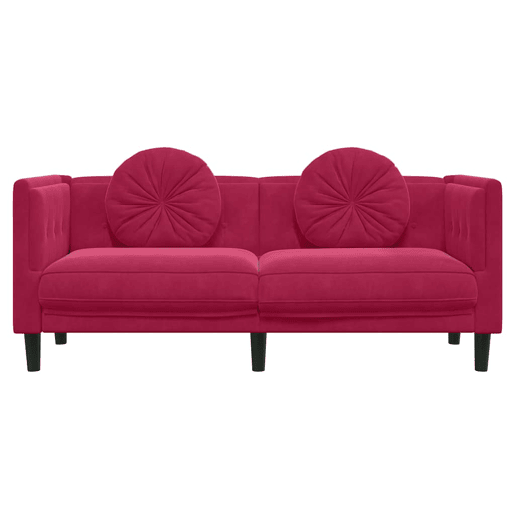 Sofá 2 lugares - Sofá fixo com almofadões veludo vermelho tinto