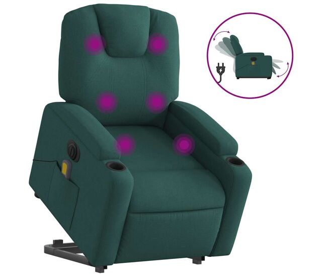 Sillón masaje eléctrico reclinable - sillón relax elevable tela verde oscuro