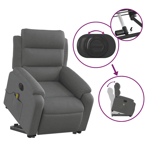 Poltrona elétrica elevatória massagens - Poltrona relax tecido cinzento-escuro Poltrona elétrica elevatória massagens - Poltrona relax tecido cinzento-escuro