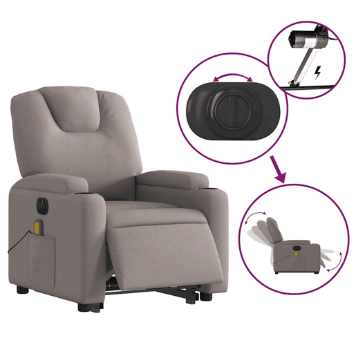 Poltrona elétrica elevatória massagens - Poltrona relax tecido cinza-acastanhado