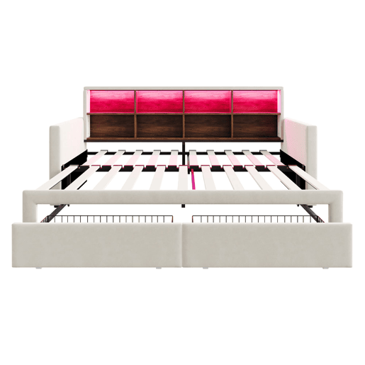 Sofá-cama extensível 90180x190 cm - Cabeceira com arrumação, LED, 2 gavetas, ripas, bege