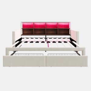 Sofá-cama extensível 90180x190 cm - Cabeceira com arrumação, LED, 2 gavetas, ripas, bege
