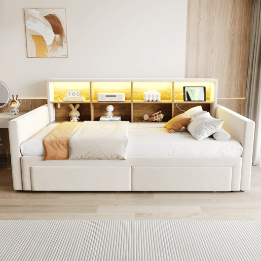 Sofá-cama extensível 90180x190 cm - Cabeceira com arrumação, LED, 2 gavetas, ripas, bege