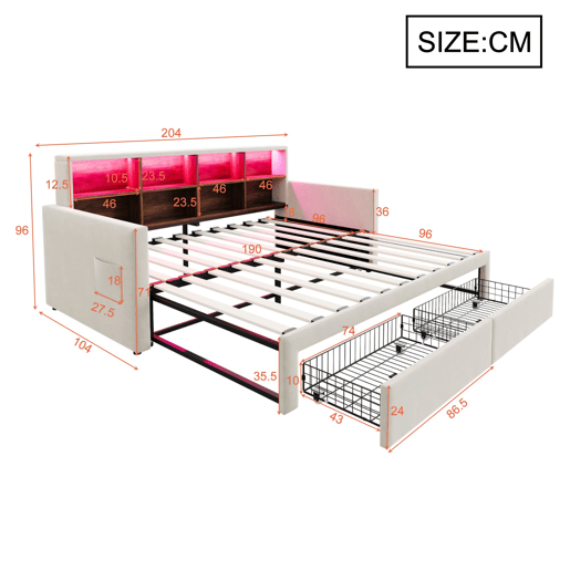 Sofá-cama extensível 90180x190 cm - Cabeceira com arrumação, LED, 2 gavetas, ripas, bege