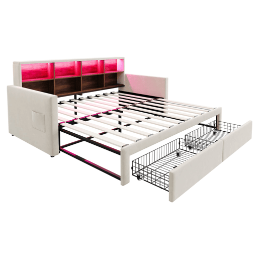Sofá-cama extensível 90180x190 cm - Cabeceira com arrumação, LED, 2 gavetas, ripas, bege