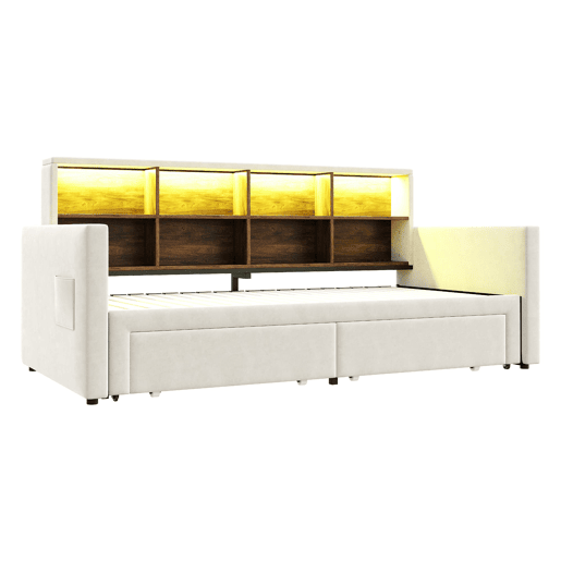 Sofá-cama extensível 90180x190 cm - Cabeceira com arrumação, LED, 2 gavetas, ripas, bege