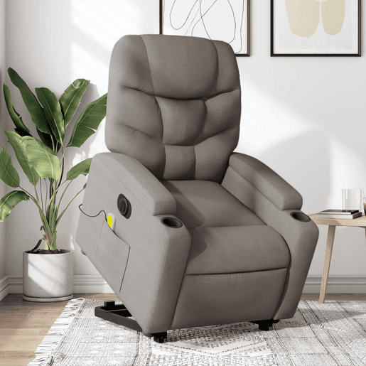 Poltrona elétrica elevatória massagens - Poltrona relax tecido cinza-acastanhado