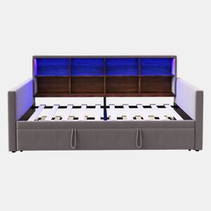 Sofá-cama 90x190 cm - Cabeceira com arrumação, luzes LED e tomadas, com cama extensível, estofado em veludo, cinza escuro