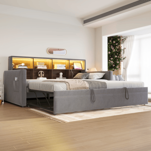 Sofá-cama 90x190 cm - Cabeceira com arrumação, luzes LED e tomadas, com cama extensível, estofado em veludo, cinza escuro