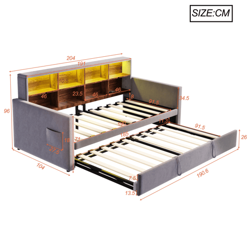 Sofá-cama 90x190 cm - Cabeceira com arrumação, luzes LED e tomadas, com cama extensível, estofado em veludo, cinza escuro