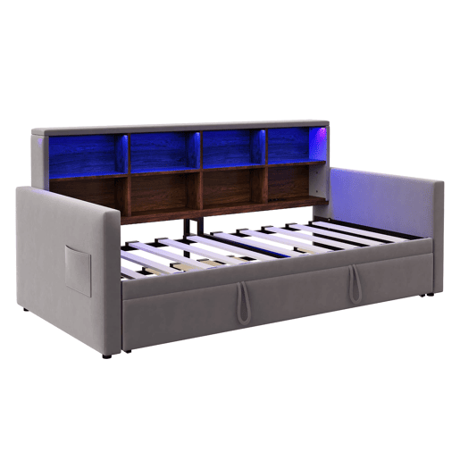 Sofá-cama 90x190 cm - Cabeceira com arrumação, luzes LED e tomadas, com cama extensível, estofado em veludo, cinza escuro