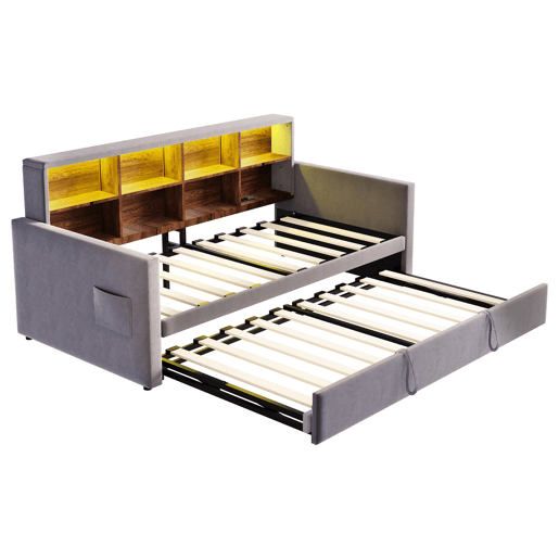 Sofá-cama 90x190 cm - Cabeceira com arrumação, luzes LED e tomadas, com cama extensível, estofado em veludo, cinza escuro