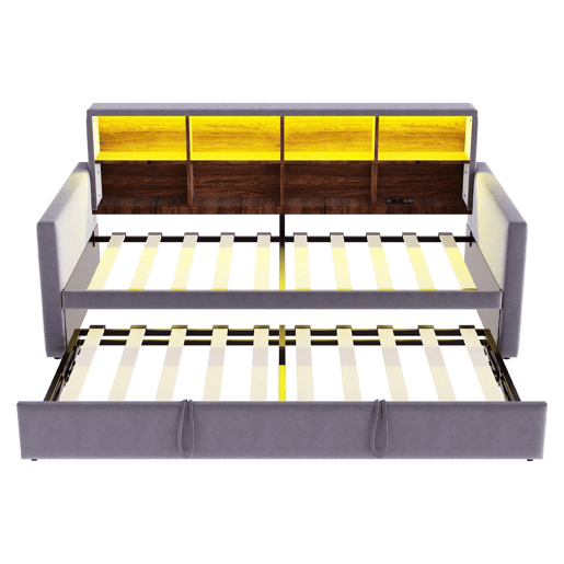 Sofá-cama 90x190 cm - Cabeceira com arrumação, luzes LED e tomadas, com cama extensível, estofado em veludo, cinza escuro
