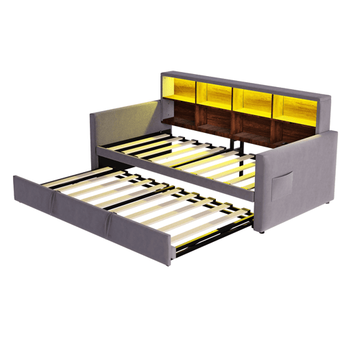 Sofá-cama 90x190 cm - Cabeceira com arrumação, luzes LED e tomadas, com cama extensível, estofado em veludo, cinza escuro