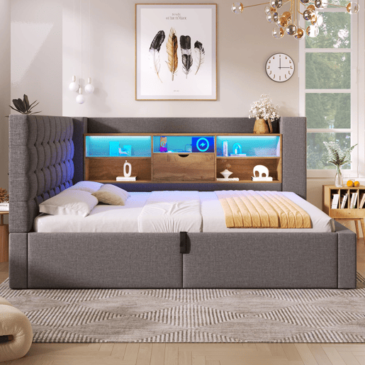 Cama estofada 140x200 - LED, armazenamento hidráulico, cabeceira em L, reversível - Cinza Cama estofada 140x200 - LED, armazenamento hidráulico, cabeceira em L, reversível - Cinza