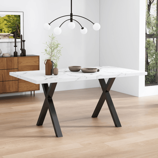 Mesa de jantar 140x80x76 cm - design moderno com pernas cruzadas - mármore preto e branco Mesa de jantar 140x80x76 cm - design moderno com pernas cruzadas - mármore preto e branco