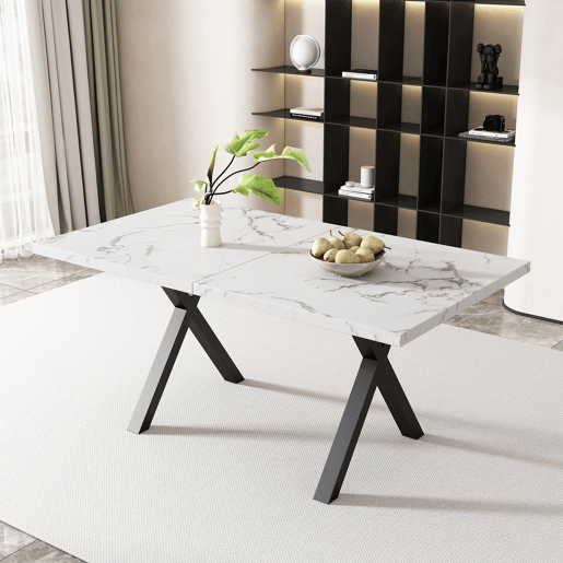 Mesa de jantar 140x80x76 cm - design moderno com pernas cruzadas - mármore preto e branco Mesa de jantar 140x80x76 cm - design moderno com pernas cruzadas - mármore preto e branco