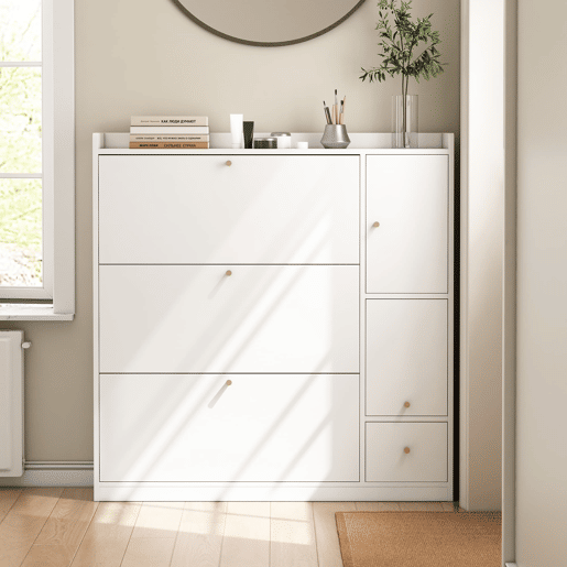 Sapateira inclinável 119x24x122 cm - 3 compartimentos, banco rebatível, branco