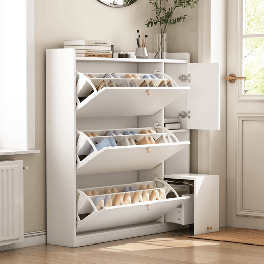 Sapateira inclinável 119x24x122 cm - 3 compartimentos, banco rebatível, branco
