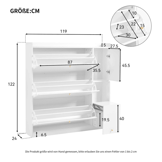 Sapateira inclinável 119x24x122 cm - 3 compartimentos, banco rebatível, branco