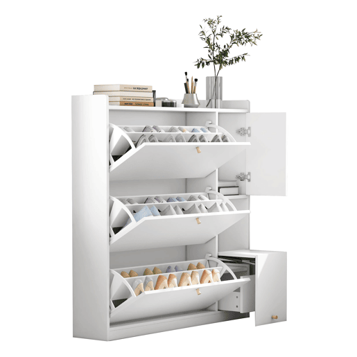Sapateira inclinável 119x24x122 cm - 3 compartimentos, banco rebatível, branco