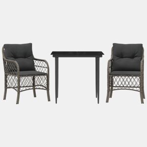 3 pcs conjunto bistrô - cadeiras de jardim - Cadeiras de exterior com almofadões vime PE cinza