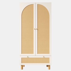 Armário roupeiro 180x85x52 cm - 2 portas, gaveta grande, prateleiras ajustáveis, rattan - Branco
