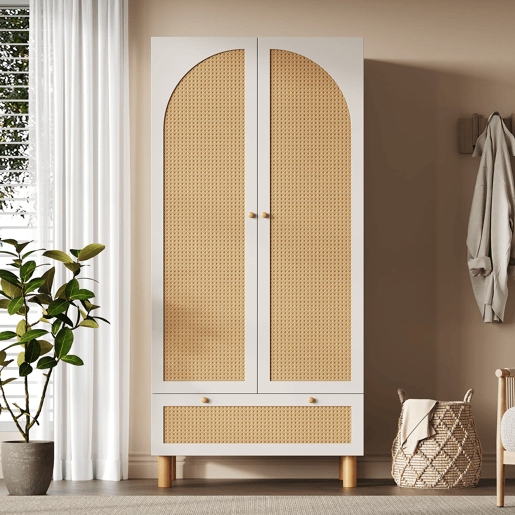 Armário roupeiro 180x85x52 cm - 2 portas, gaveta grande, prateleiras ajustáveis, rattan - Branco Armário roupeiro 180x85x52 cm - 2 portas, gaveta grande, prateleiras ajustáveis, rattan - Branco