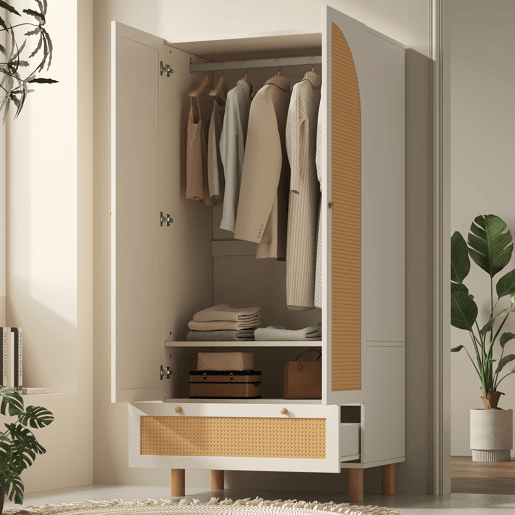 Armário roupeiro 180x85x52 cm - 2 portas, gaveta grande, prateleiras ajustáveis, rattan - Branco Armário roupeiro 180x85x52 cm - 2 portas, gaveta grande, prateleiras ajustáveis, rattan - Branco